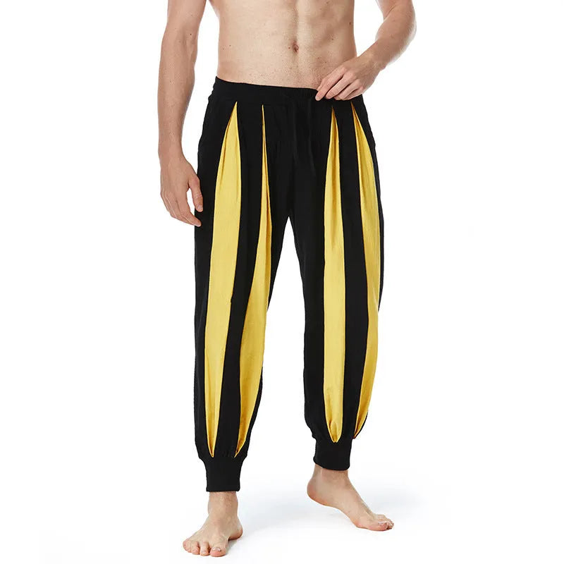 Men's straight leg casual trousers in red, khaki, yellow, or brown, made from polyester fabric.