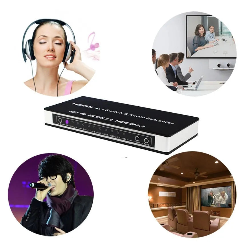 Black HDMI switch with four inputs one output remote control for 4K video switching
