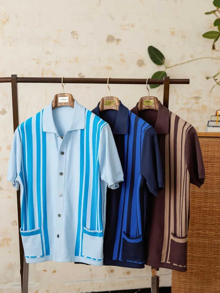Men's striped knitted polo cardigan with lapel collar in light blue cotton-polyester blend