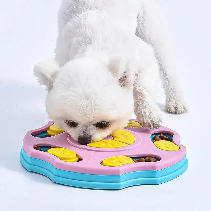 Blue dog puzzle feeder bowl with food compartments for interactive feeding games