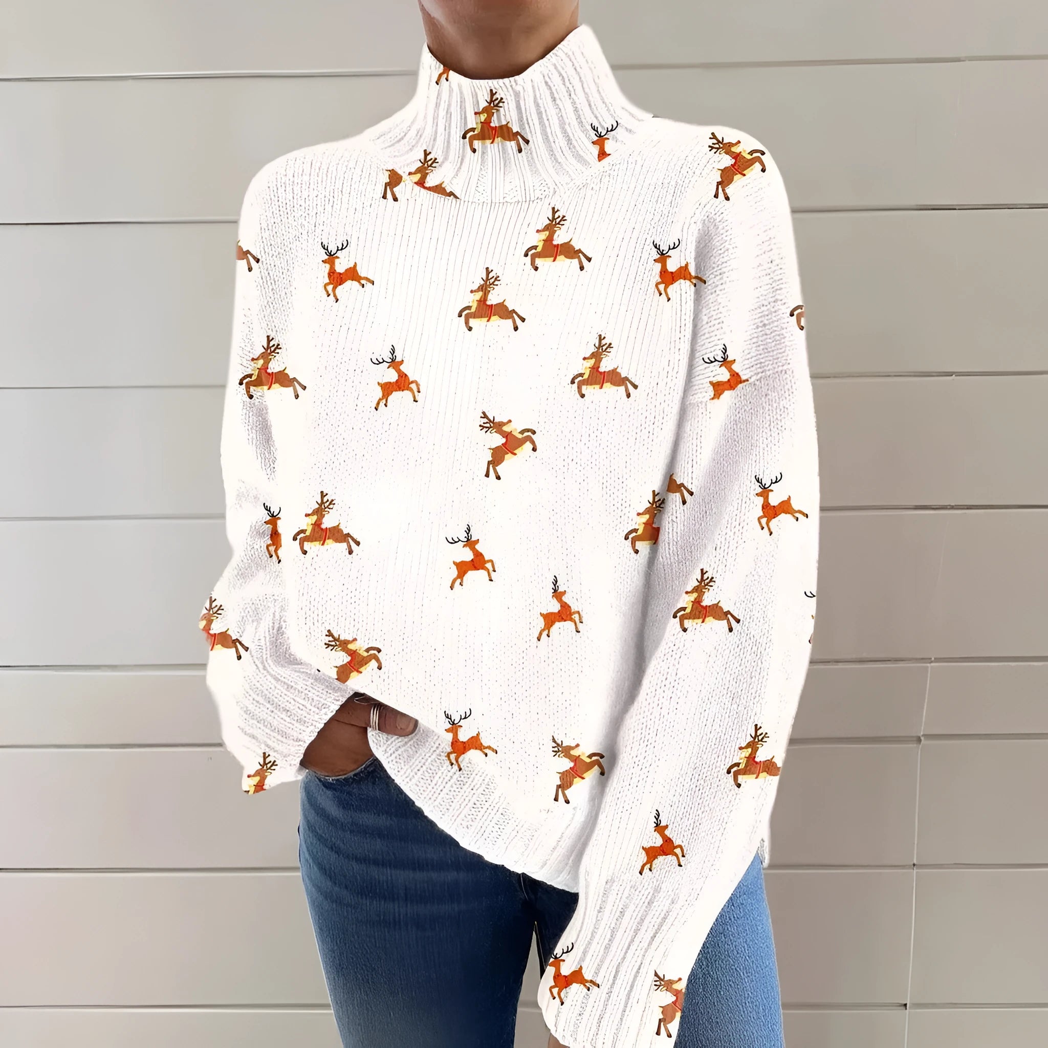Women's Christmas printed turtleneck sweater in loose fit pullover style with long sleeves
