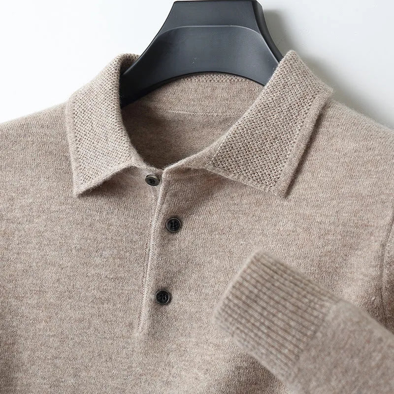 Men's grey wool pullover sweater with a polo collar and long sleeves on a hanger
