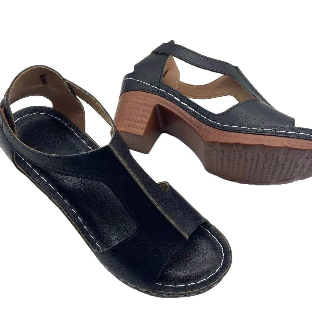 Women's open toe wedge sandals with Roman buckle strap in synthetic PU material