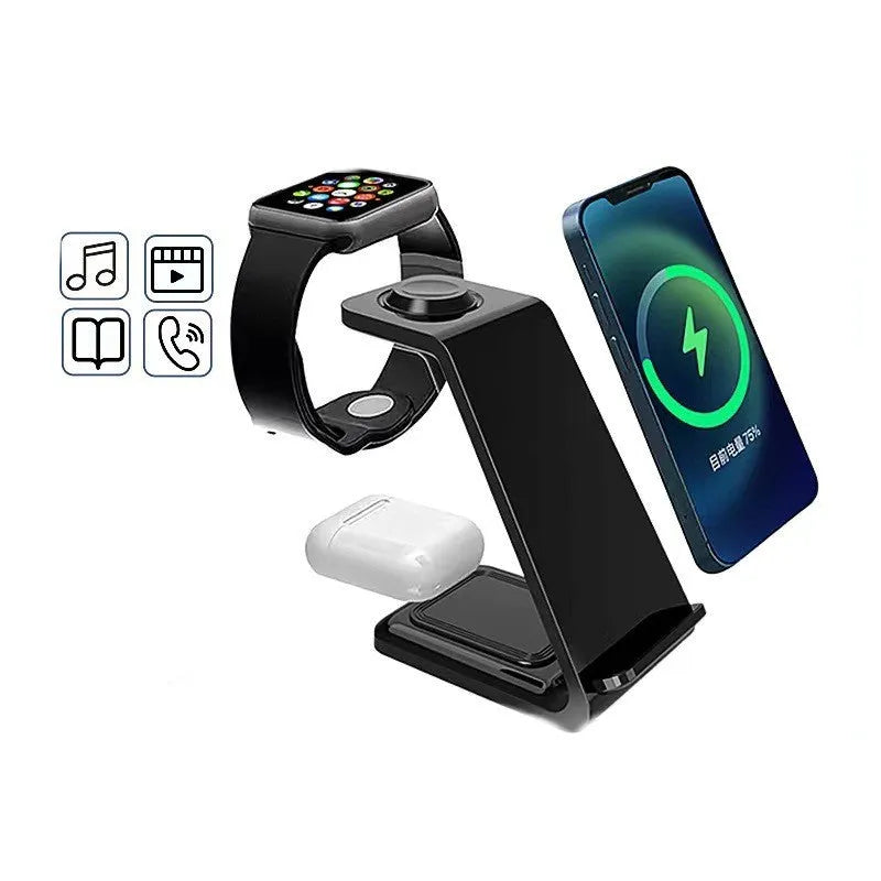 Black and white upright wireless phone charger with dual coil QC3.0 charging on desk