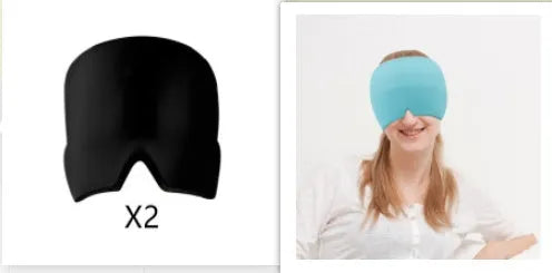 Black elastic cloth gel cold therapy eye mask for headache relief on grey background.