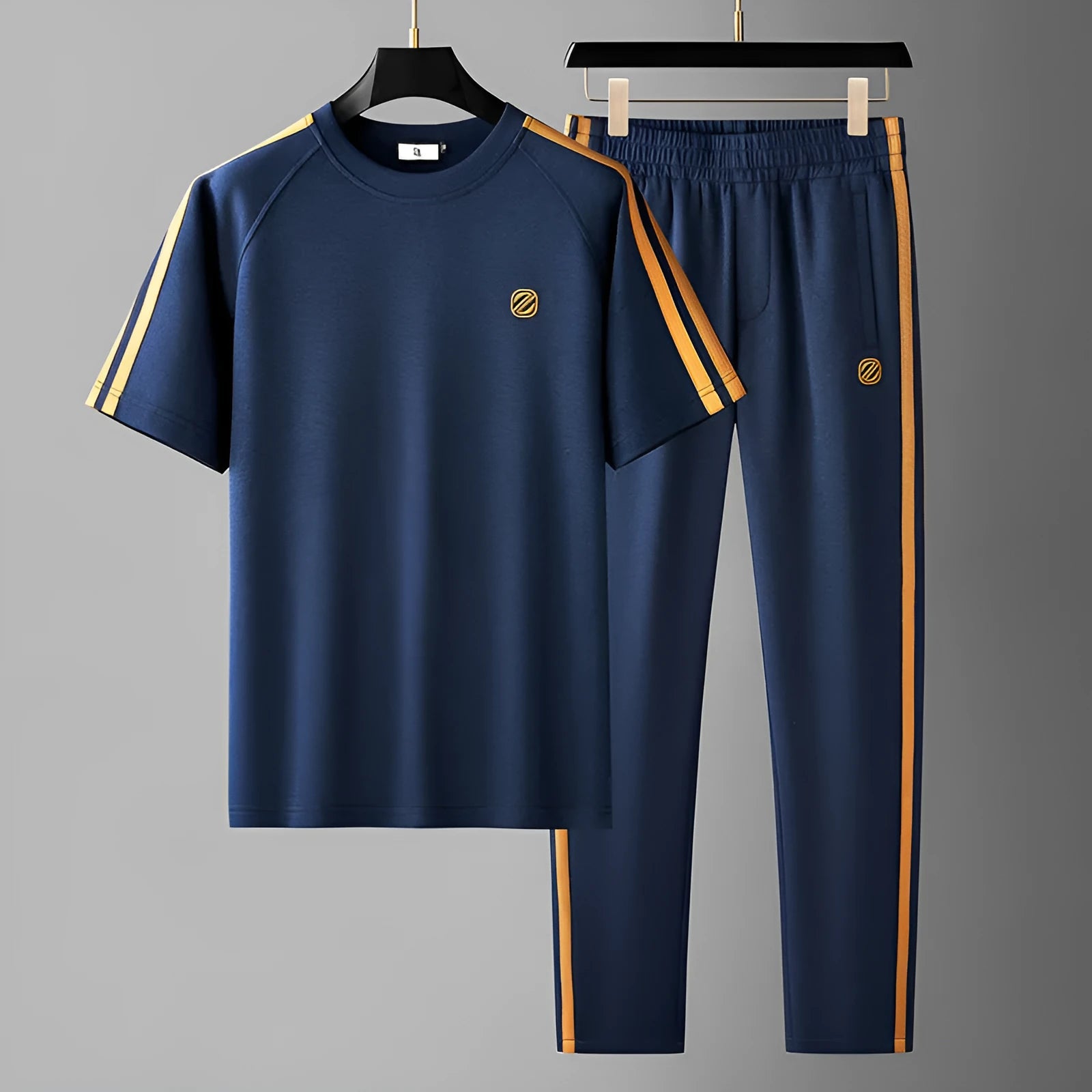 Men's blue ice silk style short sleeve suit set with matching trousers on a hanger