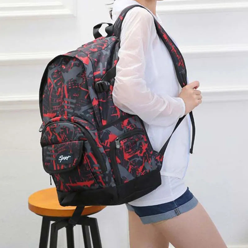 Classic nylon backpack in blue and red colours with large capacity for travel and school use