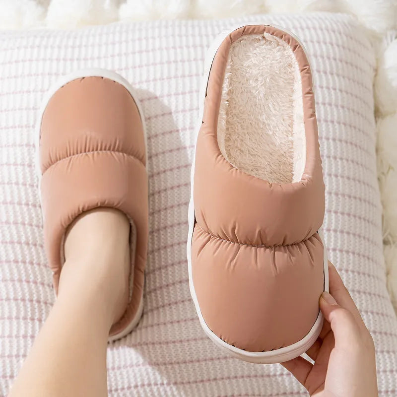 Down cotton plush slippers with thick rubber soles in blue, green, grey, pink, or yellow colours