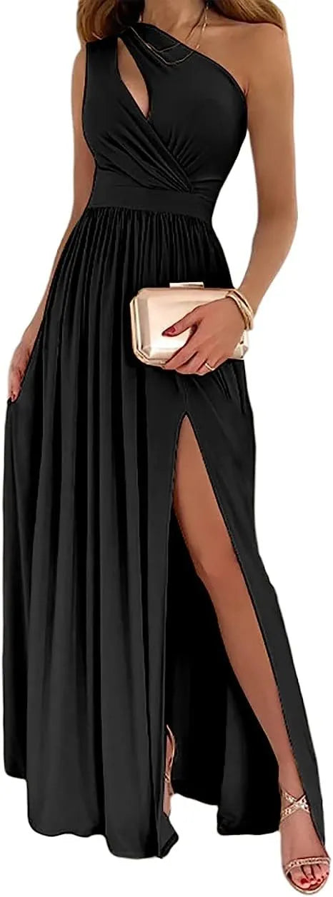 Women's apricot one shoulder maxi dress with high leg split and sleeveless cutout design.