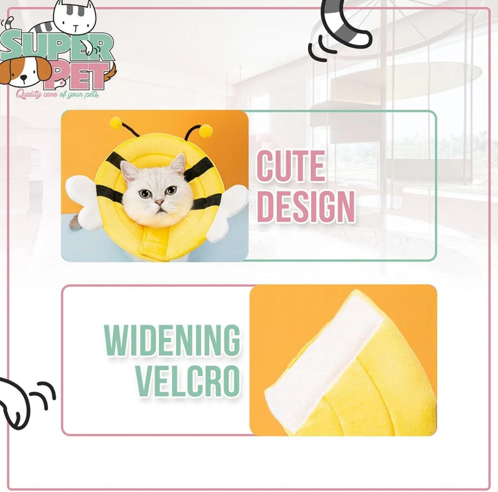 Soft fabric cat cone collar with black and yellow bee design and Velcro closure.