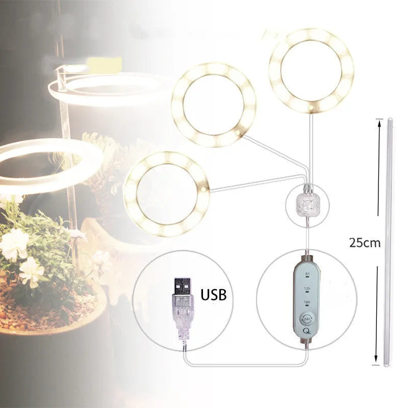 USB-powered LED plant grow light with full spectrum yellow LEDs, acrylic mounting stick, in pink/white colour.