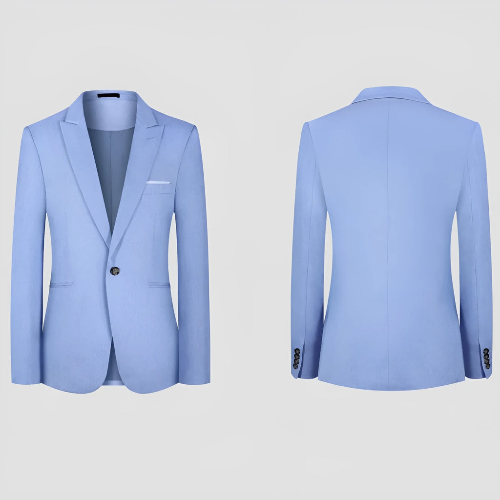 Men's light blue casual two-piece suit with western style details on hanger