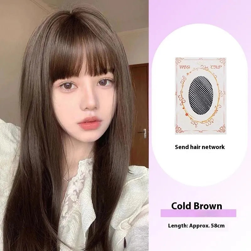 Straight black synthetic wig with bangs for women in brown-black colour