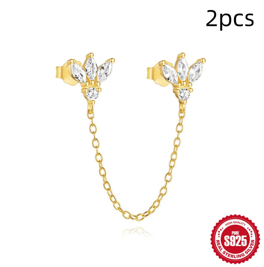 S925 sterling silver double ear piercings chain stud earrings with geometric design and zircon detailing