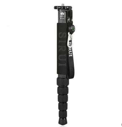 Black carbon fibre six-section telescopic camera monopod shown collapsed and extended.