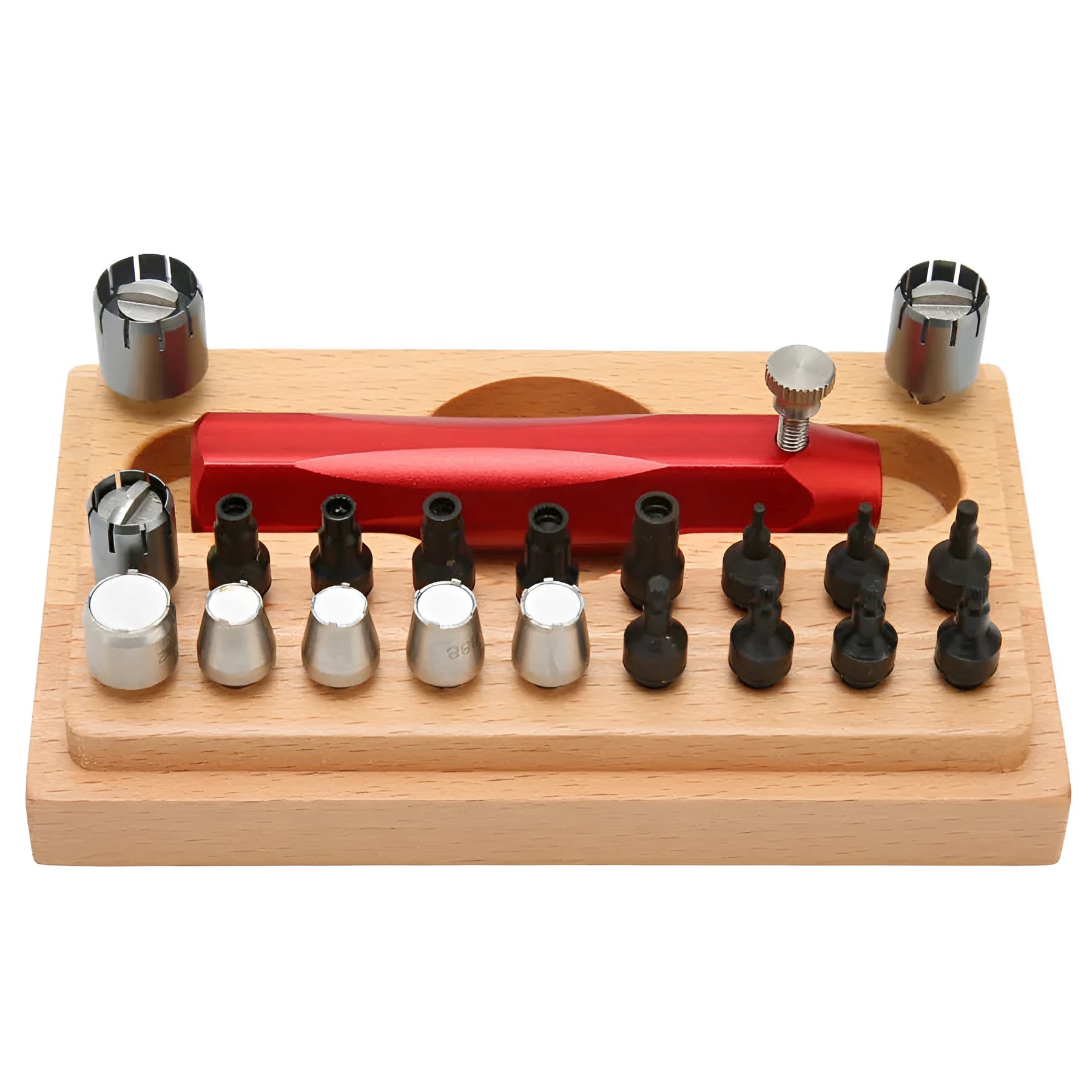 Steel watch repair barrel-opening tool kit with 20 pieces in a black organiser case.