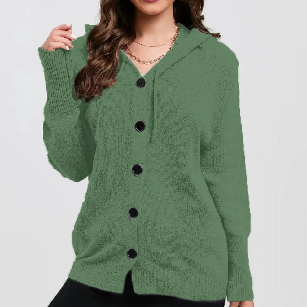 Women's thick cotton hooded cardigan sweater in loose fit solid colour