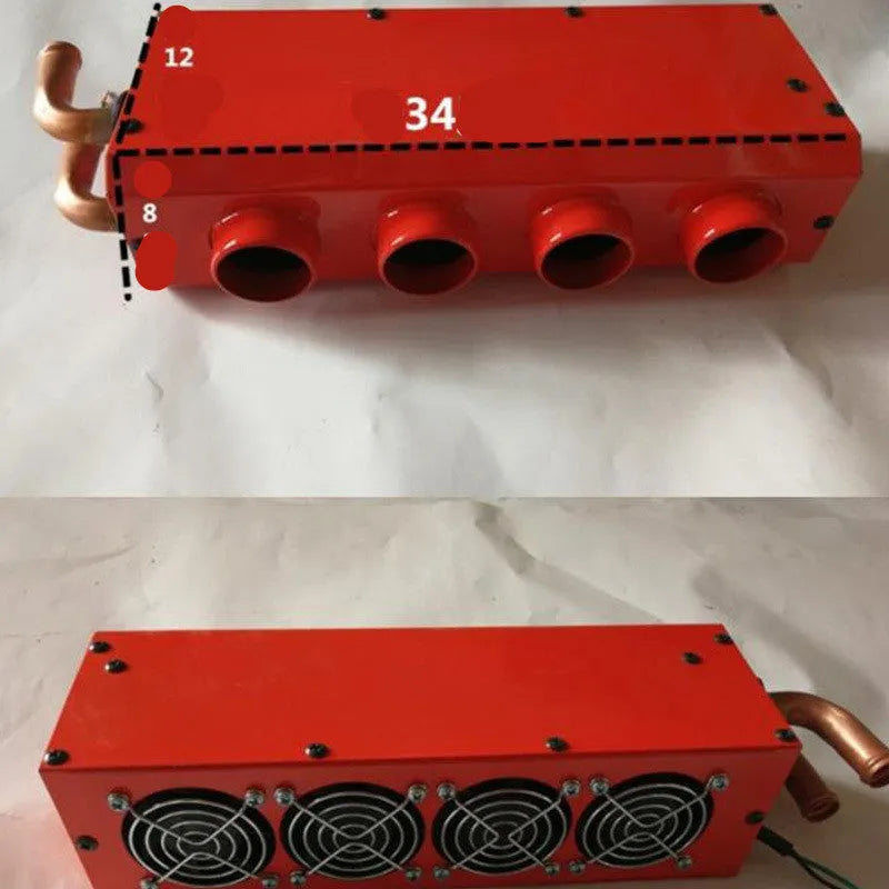 Metal car heater with copper pipe connections for 12V and 24V vehicle systems.