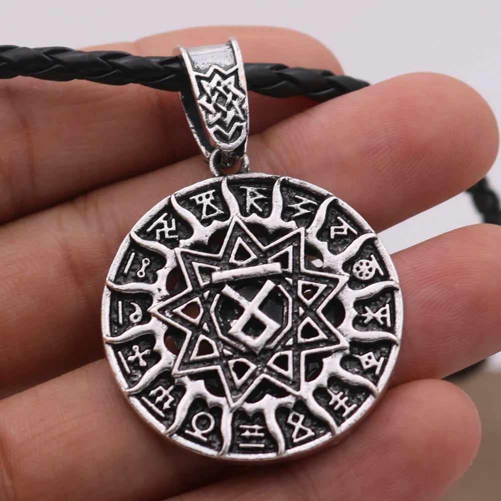 Lunavin ODing text pendant necklace with antique silver chain and leather rope options on display