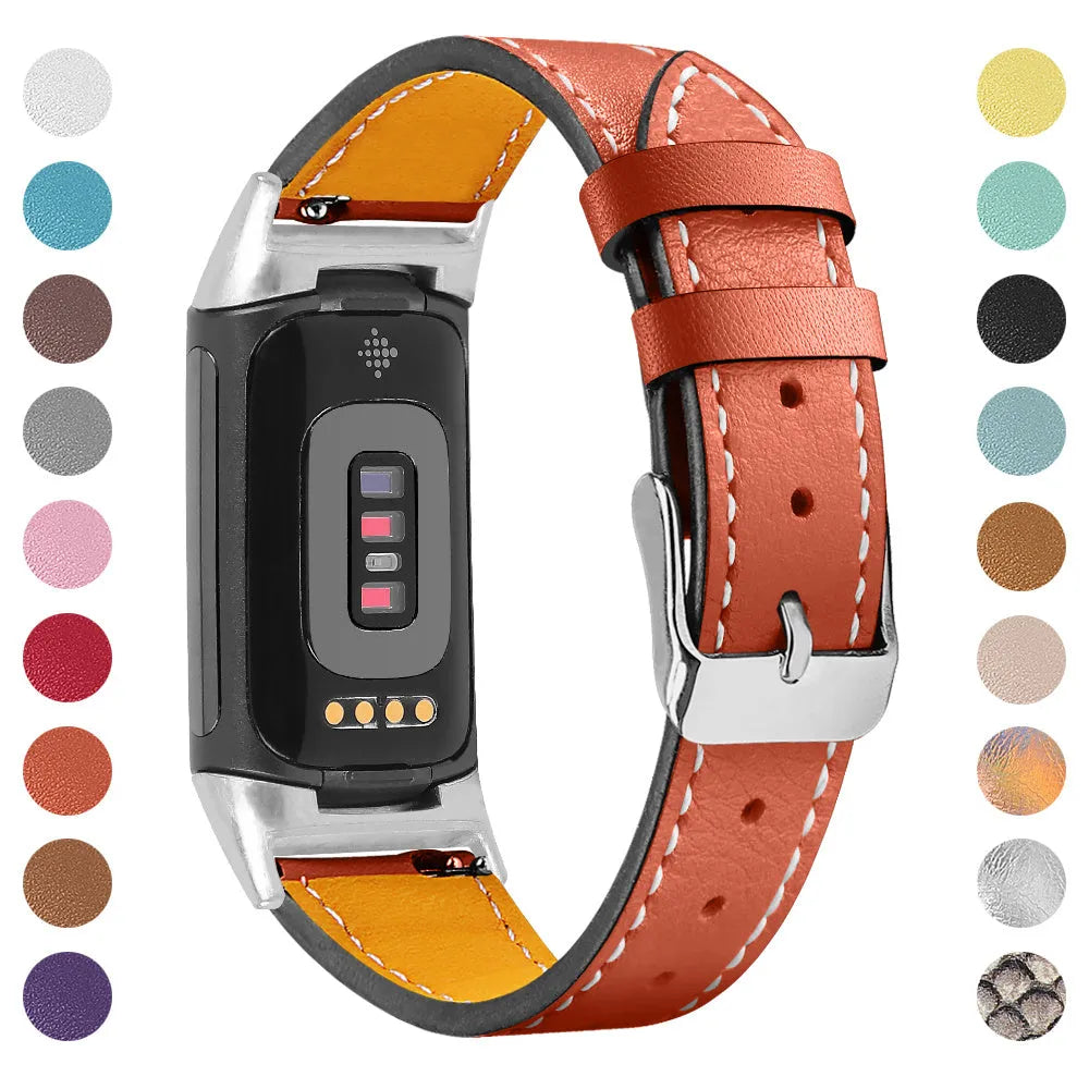 Genuine leather replacement strap for Fitbit Charge 5 and Charge 6 smartwatches in multiple colour options.