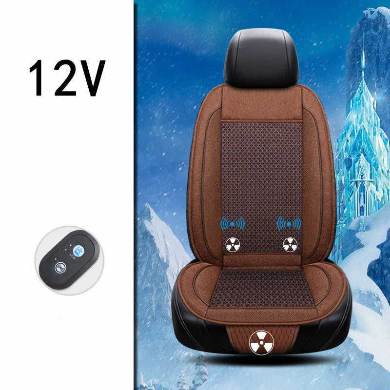 Black car ventilation seat cushion measuring 60cm square with power cord