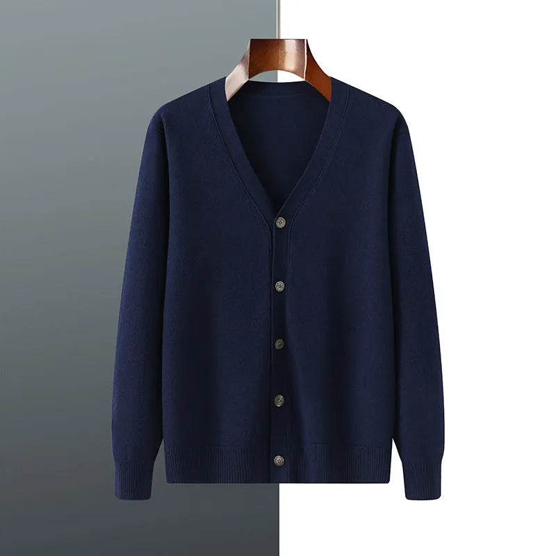 Man modelling a loose V-neck cardigan coat in Andy Velvet knitted fabric.