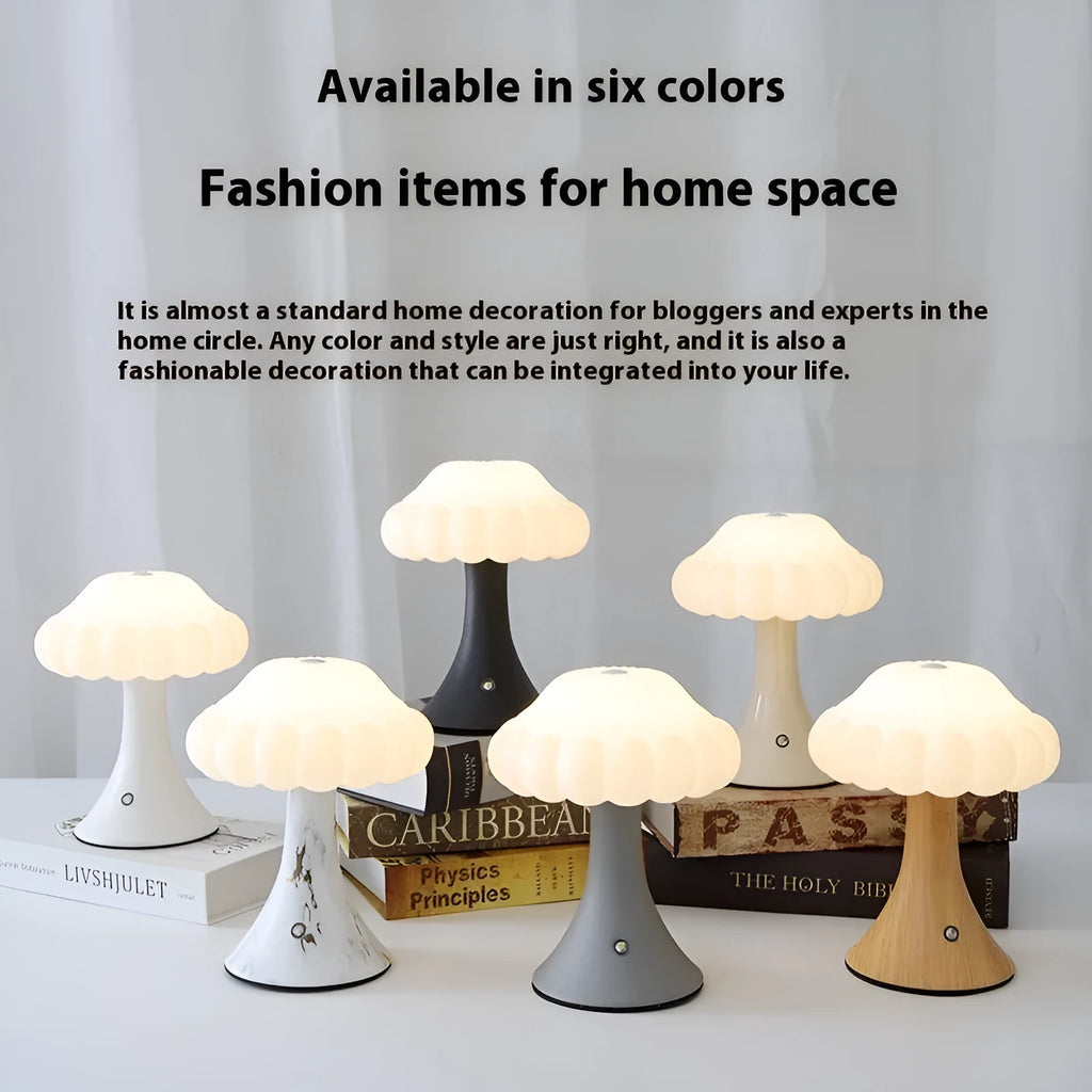 Mushroom-shaped touch lamp with USB charging in wood grain colour