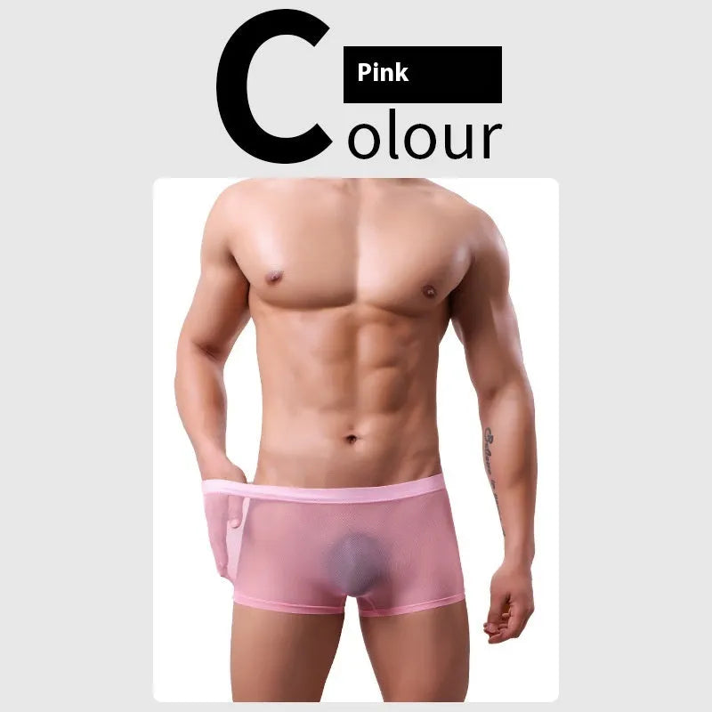 Men's mesh boxer briefs in thin sheer polyester fabric showing low waist design and breathable construction