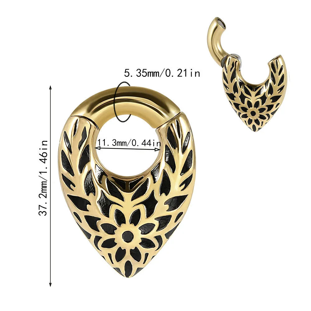Stainless steel drop-shaped auricle earlobe extender earring with round hanging egg design and totem detail.
