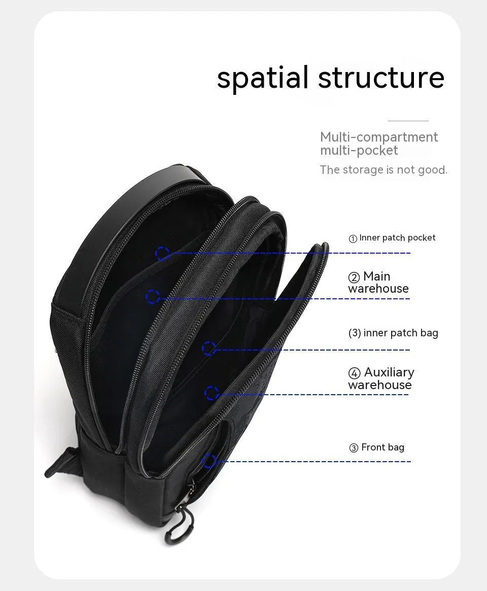 Casual black camouflage pattern insulated chest bag with a single strap and waterproof TPU exterior.