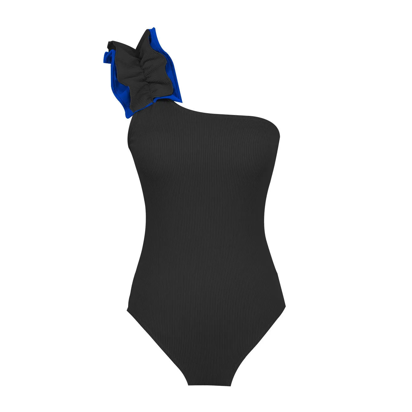 Women's single-shoulder high-waist one-piece swimsuit in solid colours