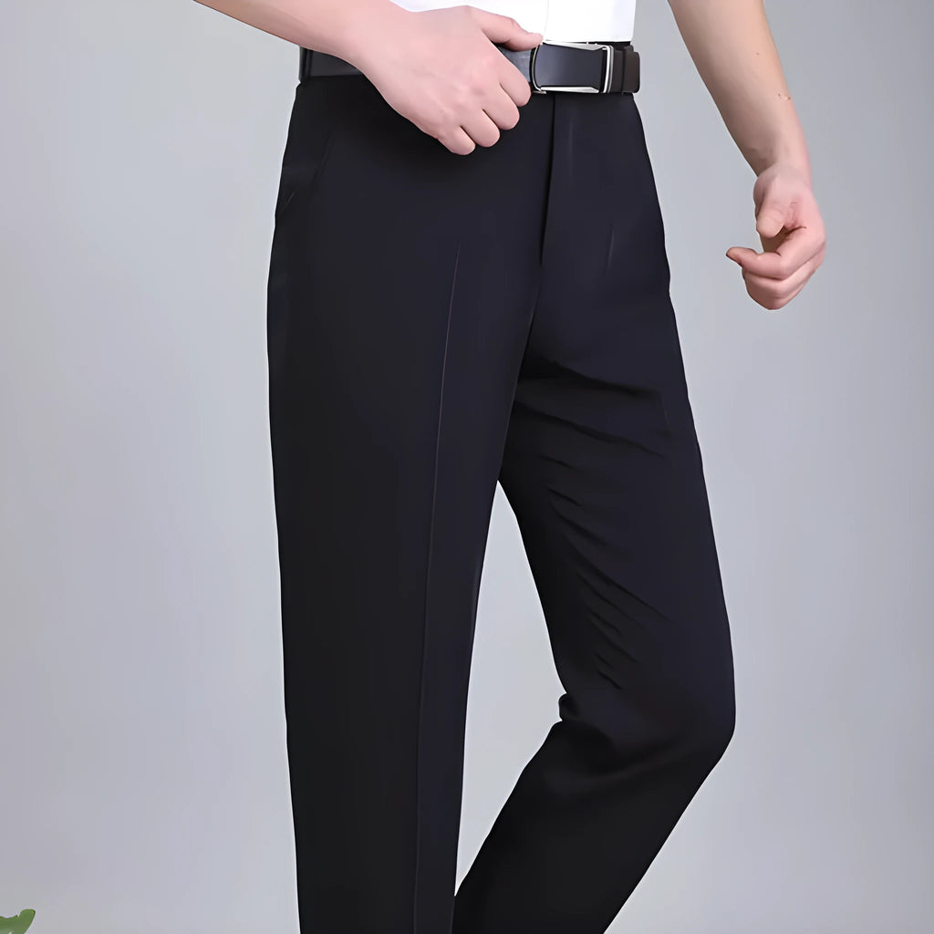 Men's straight fit mulberry silk blend business trousers with high waist in dark blue colour