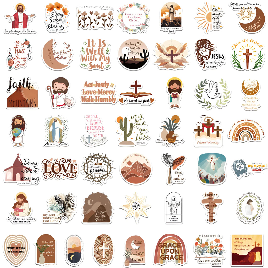 Assortment of colourful printed graffiti stickers from a 50-piece set for decoration.