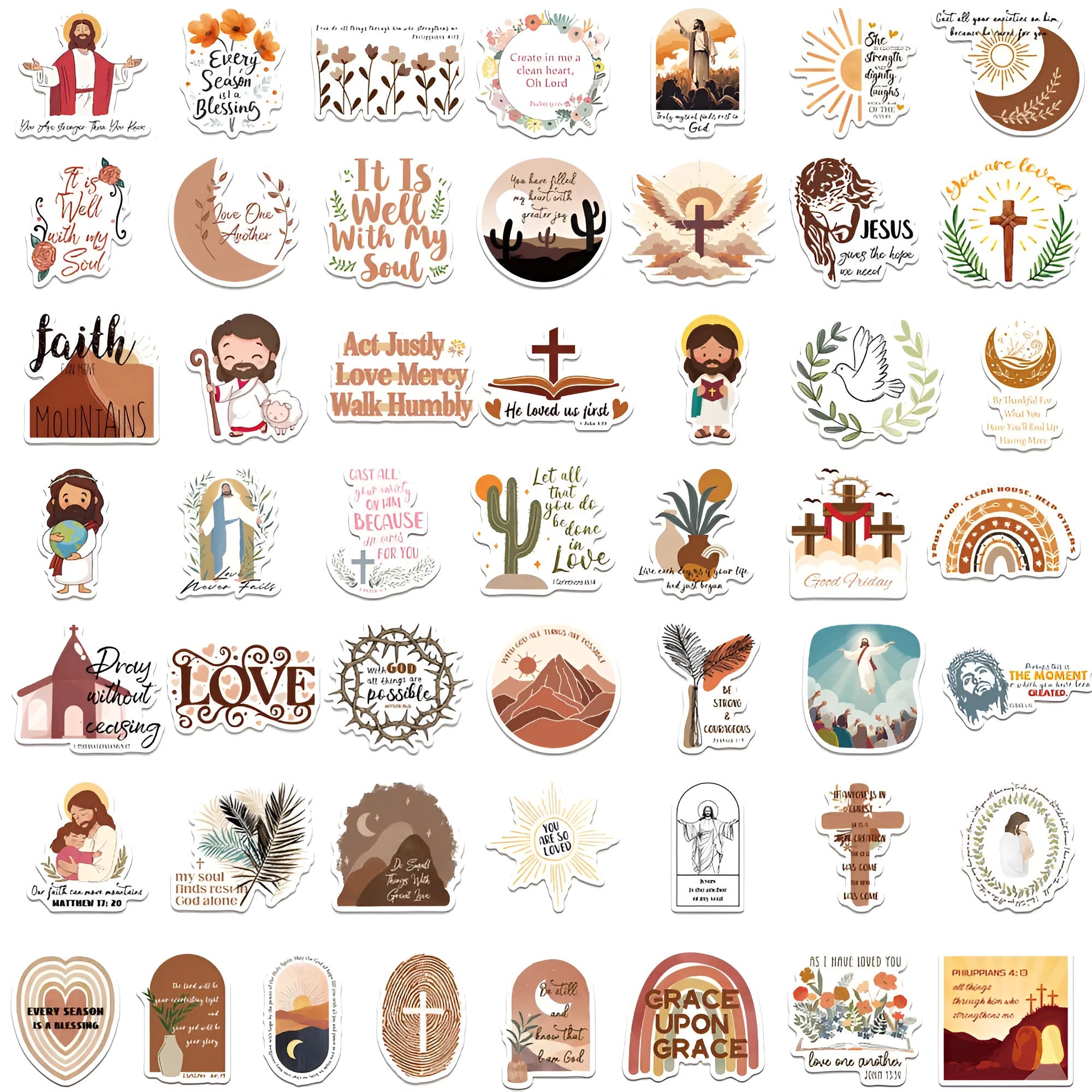 Assortment of colourful printed graffiti stickers from a 50-piece set for decoration.