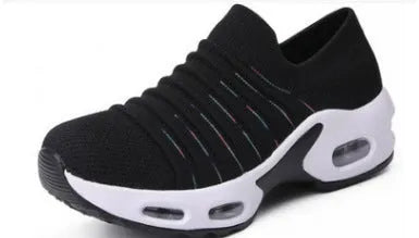 Plus size women's and men's stretch knit sock shoes in dark blue with fly-knit mesh upper.