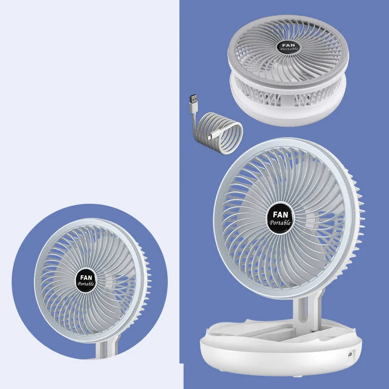 Blue foldable USB desk fan with LED light shown in wall-mounted and desk positions
