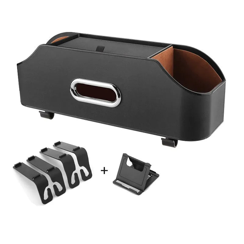 Genuine leather car tissue box holder with cup holder and buggy storage compartments