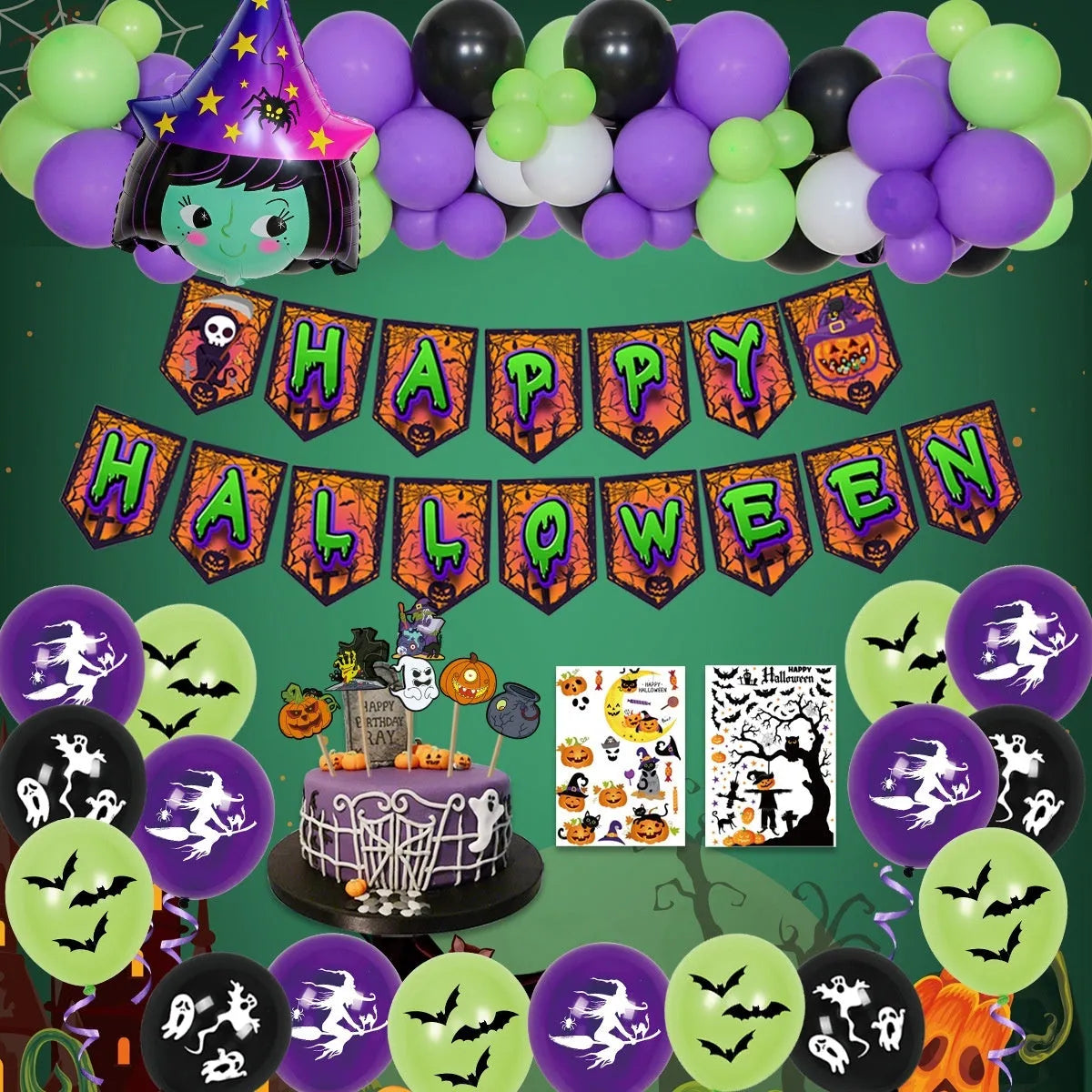 Halloween balloon set with skull and pumpkin designs in white and black colours