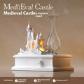 White medieval castle aromatherapy machine with ambient light, showing composite gypsum construction and Type-C charging port.