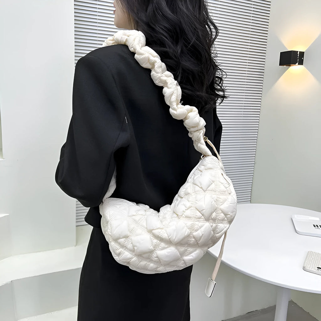 Women's nylon shoulder messenger bag in beige colour with adjustable strap
