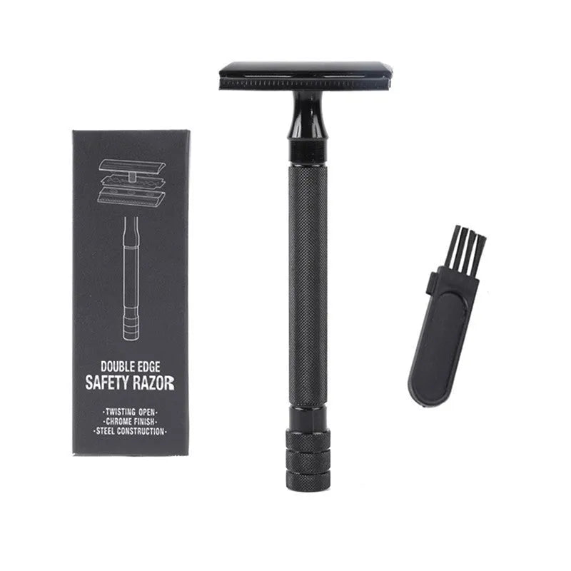Traditional manual shaving razor with brush set in black or silver finish