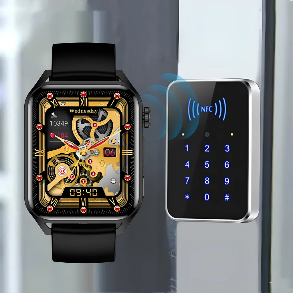 Smart watch with AMOLED touch screen and silicone strap showing multiple dial display options