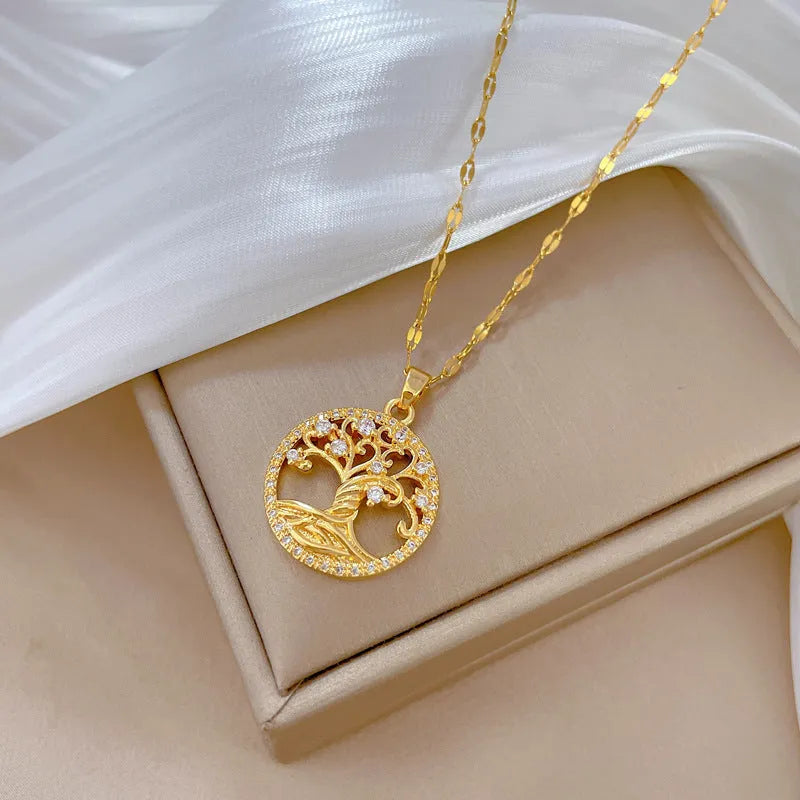 Gold electroplated rhinestone lucky tree light cross necklace with mother pearl shellfish pendant on adjustable stainless steel chain