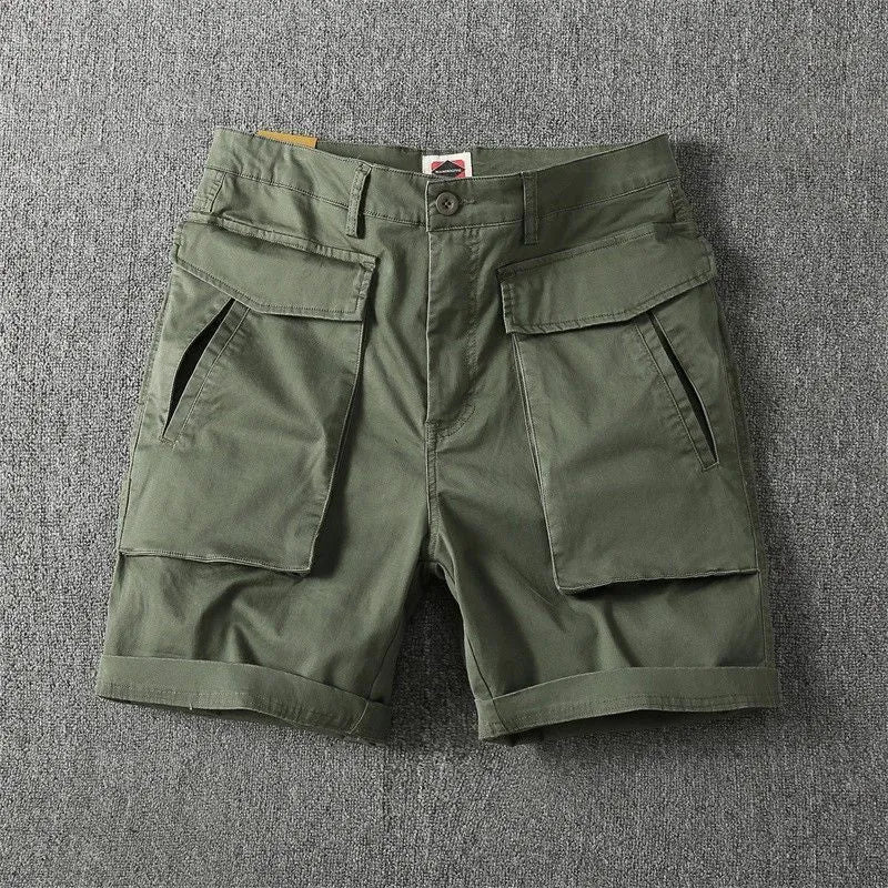 Men's stretch cotton cargo shorts in Army Green showing multiple pockets and straight-leg cut