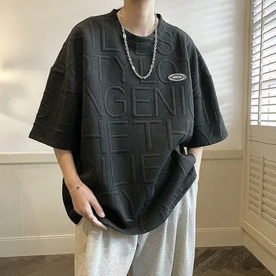 Men's grey retro loose fit t-shirt with three-dimensional summer letter print design