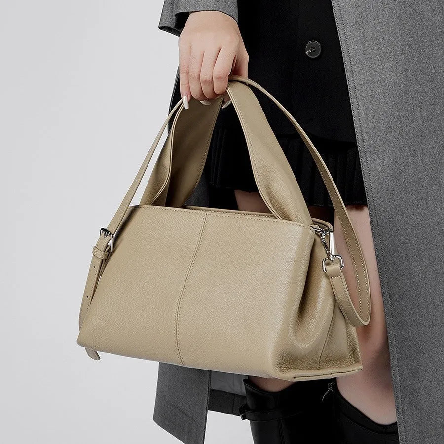 Genuine cowhide leather women's messenger bag in solid colour with double shoulder straps