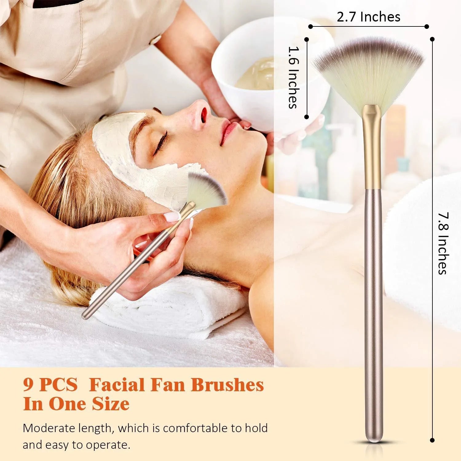 Set of 10 professional fan makeup brushes with champagne handles and protective covers.