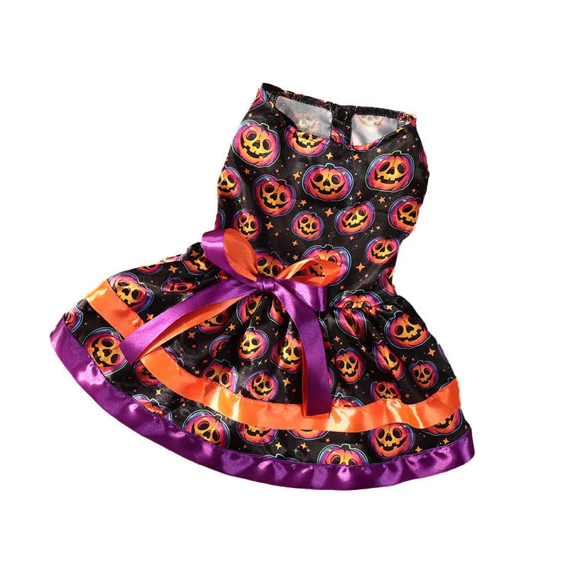 Halloween dog skirt costume with colourful pumpkin pattern and double-layer design