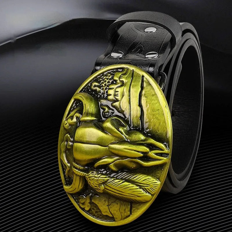 Men's belt with cow head alloy buckle in imitation leather with pin buckle fastening