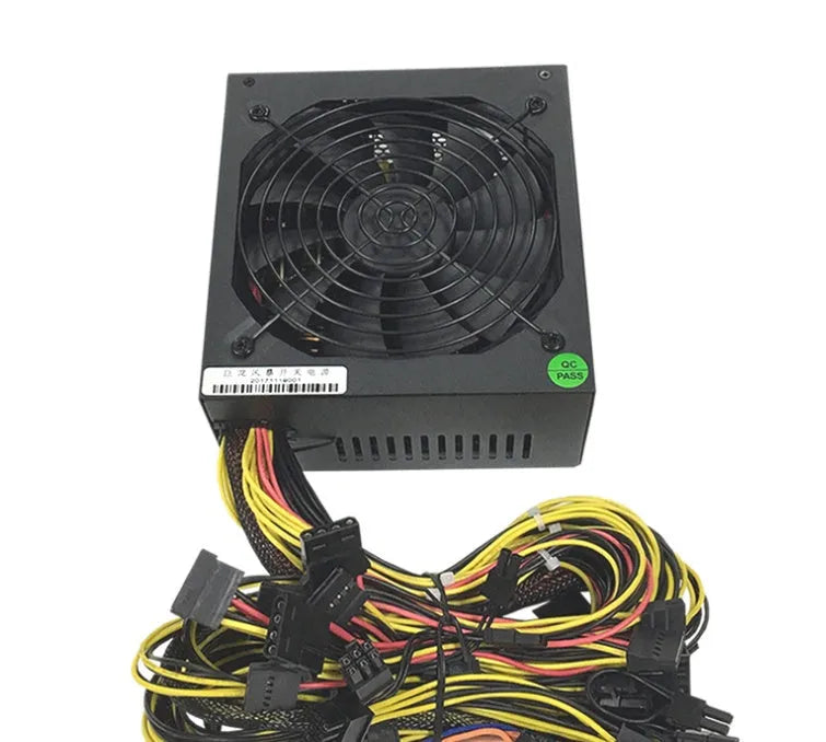 Black server power supply unit with multiple cable connectors including twelve 6+2 pin graphics card ports.